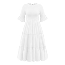 Load image into Gallery viewer, Round Neck Solid Color Smocked A-line Tiered-layered Dress
