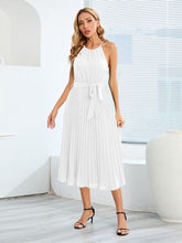 Load image into Gallery viewer, Pleated Spaghetti Strap Tie Waist Midi Dress
