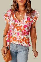 Load image into Gallery viewer, Floral Tie Neck Flutter Sleeve Blouse
