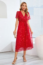 Load image into Gallery viewer, Sequin Leaf Embroidery Tie Front Short Sleeve Dress
