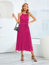 Load image into Gallery viewer, Pleated Spaghetti Strap Tie Waist Midi Dress
