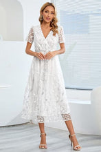 Load image into Gallery viewer, Sequin Leaf Embroidery Tie Front Short Sleeve Dress
