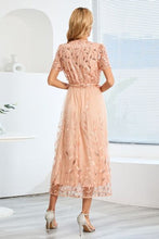 Load image into Gallery viewer, Sequin Leaf Embroidery Tie Front Short Sleeve Dress
