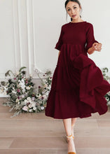 Load image into Gallery viewer, Round Neck Solid Color Smocked A-line Tiered-layered Dress
