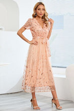 Load image into Gallery viewer, Sequin Leaf Embroidery Tie Front Short Sleeve Dress
