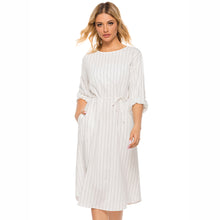 Load image into Gallery viewer, Pinstripe Tie Waist Round Neck Dress
