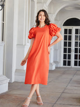 Load image into Gallery viewer, Round Neck Bubble Sleeve Straight Hem Midi Dress
