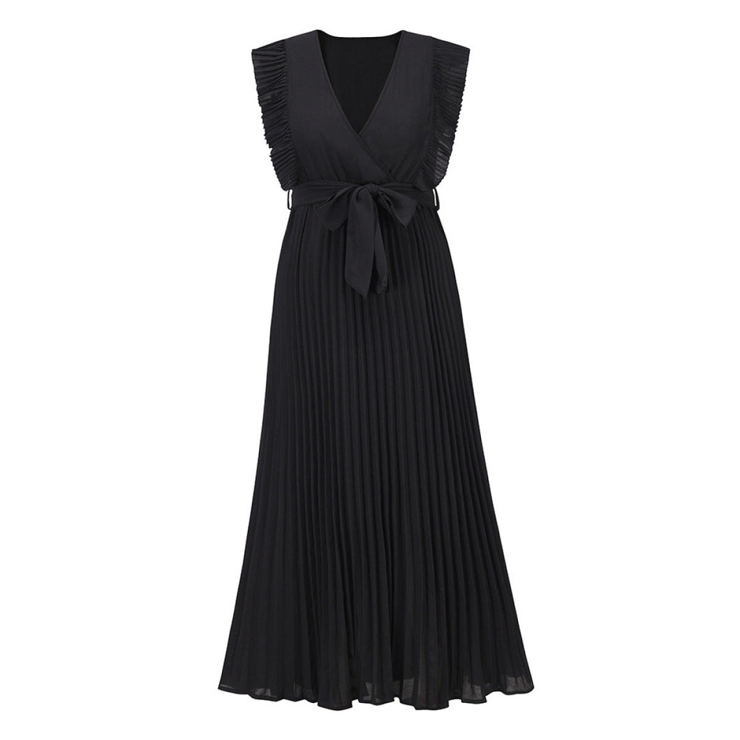 Black Solid Ruffled Sleeve Tie Waist Pleated Maxi Dress