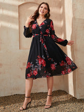 Load image into Gallery viewer, Plus Size Floral Surplice Neck Tie Waist Dress
