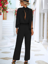 Load image into Gallery viewer, Black Tie Back Mock Neck Split Sleeve Jumpsuit
