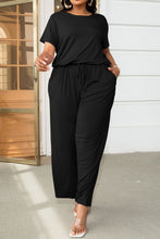 Load image into Gallery viewer, Black Plus Size Drawstring Waist Short Sleeve Jumpsuit
