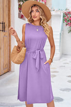 Load image into Gallery viewer, Round Neck Tie Belt Sleeveless Dress with Pockets
